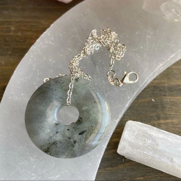 Chunky Labradorite donut silver 925 pendant necklace - Picture 1 of 8
